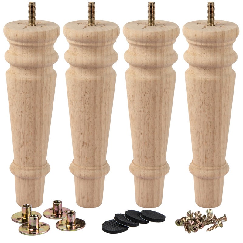 La Vane 8 inch / 20cm Unfinished Wooden Furniture Legs, 4PCS Soild Wood Turned Spindle Replacement Bun Feet with Pre-Drilled M8 Inch Bolt & Mounting Plate for Sofa Couch Chair Ottoman - Image 1